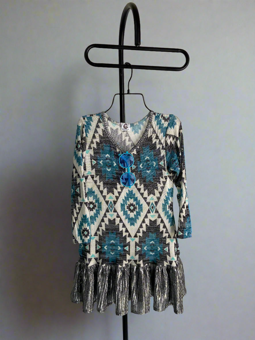 Girls’ Tribal Print Tunic Dress with Metallic Ruffle Hem