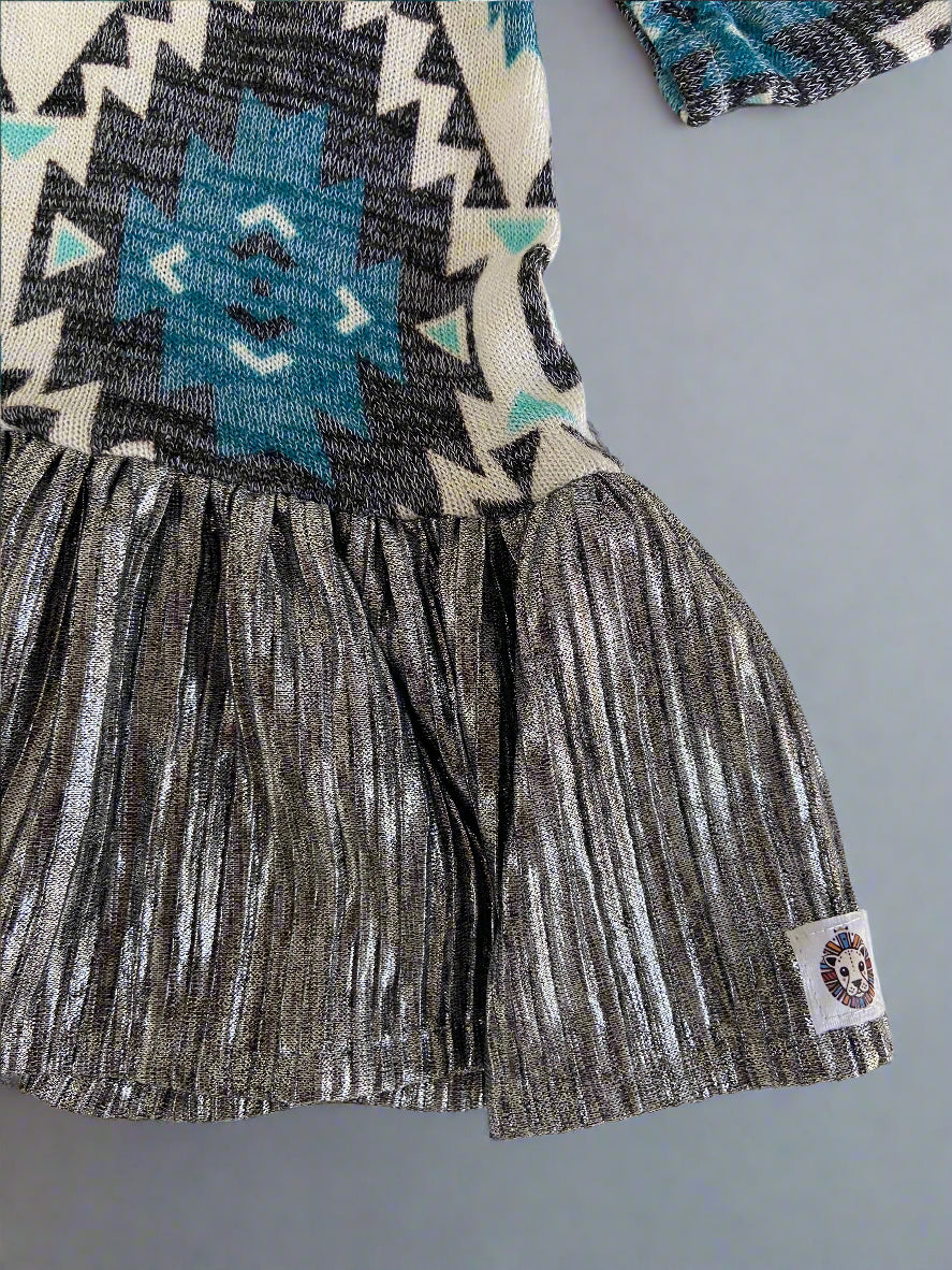 Girls’ Tribal Print Tunic Dress with Metallic Ruffle Hem