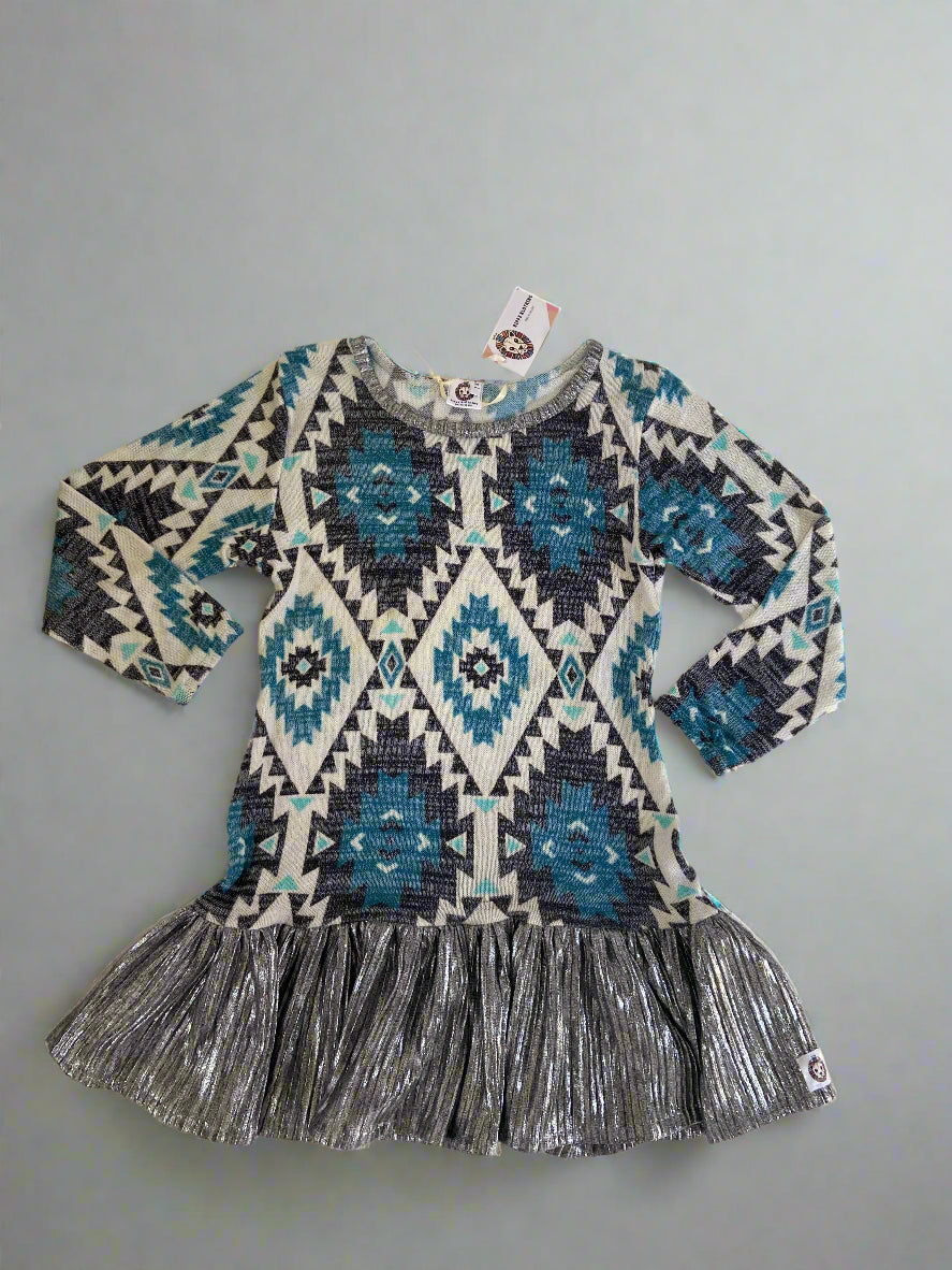 Girls’ Tribal Print Tunic Dress with Metallic Ruffle Hem