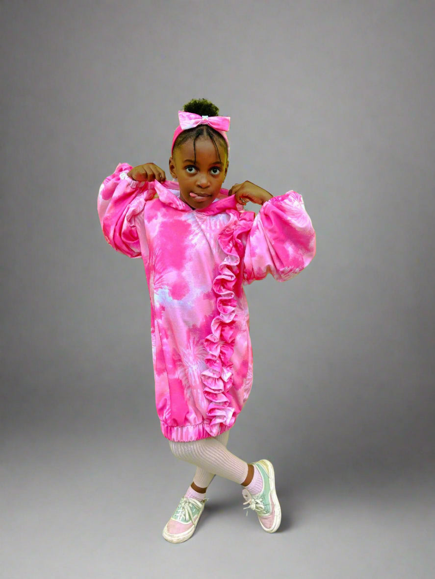 Pink Whirl Ruffle Hoodie Dress