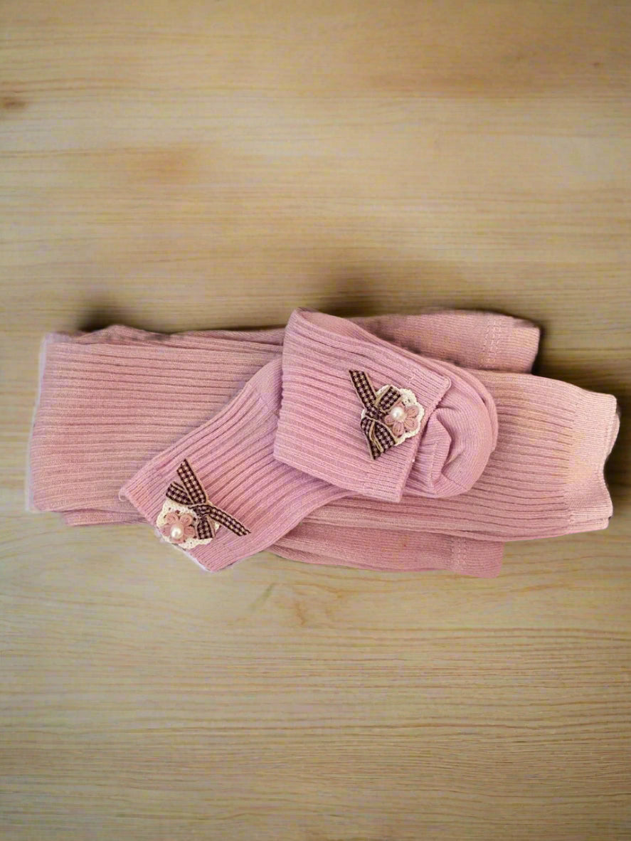 Pastel Pink Ribbed Bow Socks & Pink Tights – Sweet & Stylish Combo