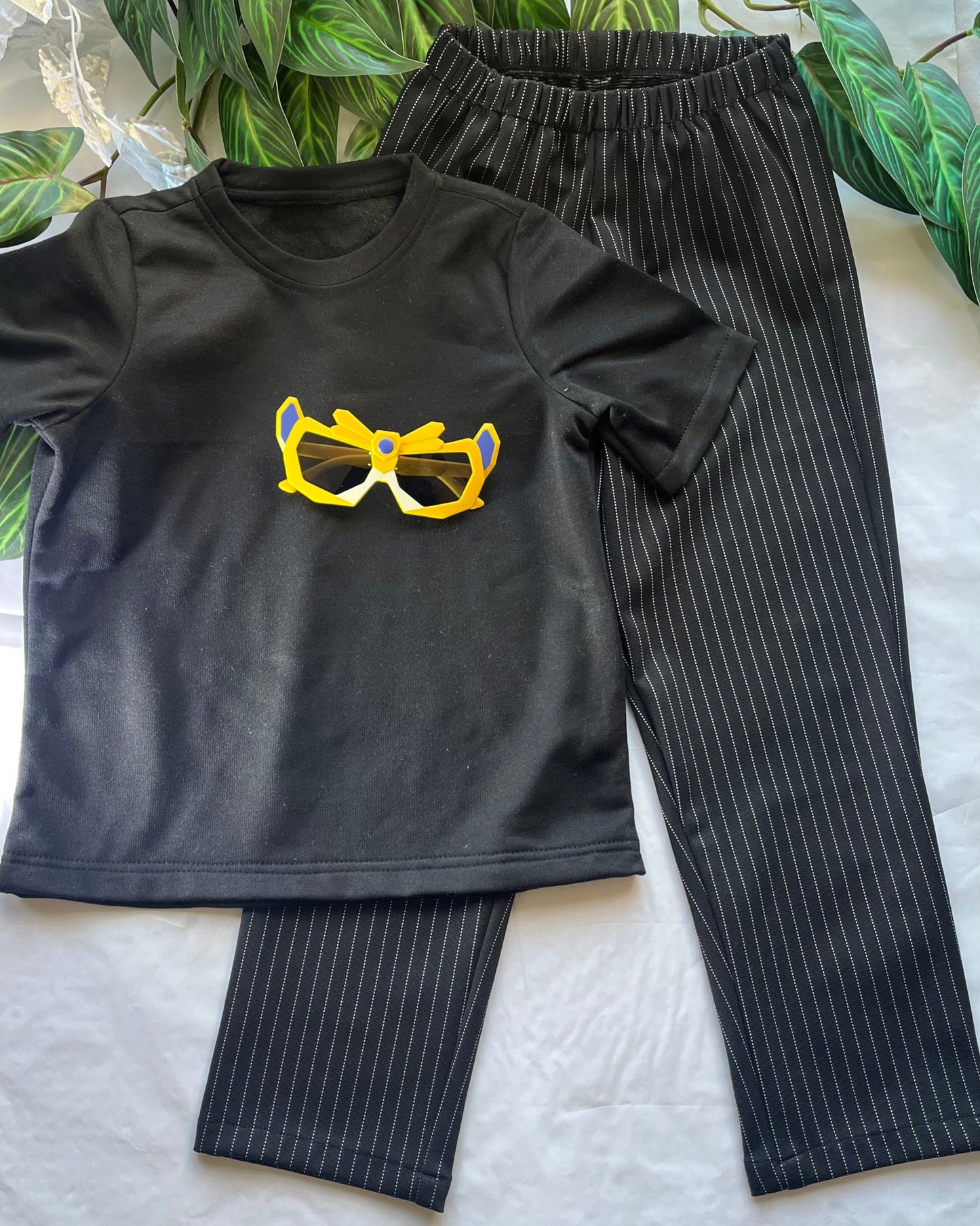 Boys Black T-Shirt with Striped Pants