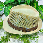 Beige straw hat with a brown woven band on a green leaf background