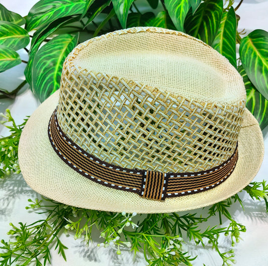 Beige straw hat with a brown woven band on a green leaf background