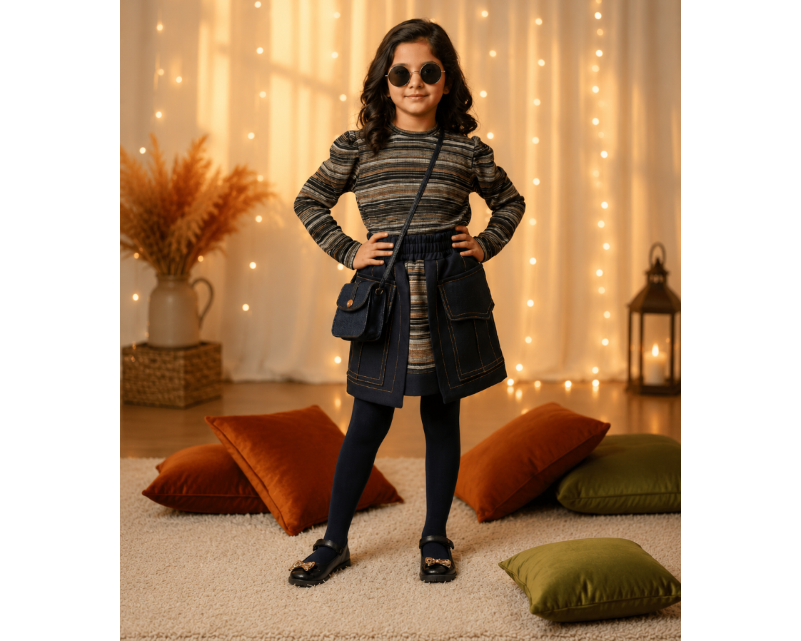 Girls Multicolor Stripe Top & Denim Skirt Set