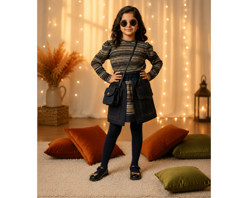 Girls Multicolor Stripe Top & Denim Skirt Set