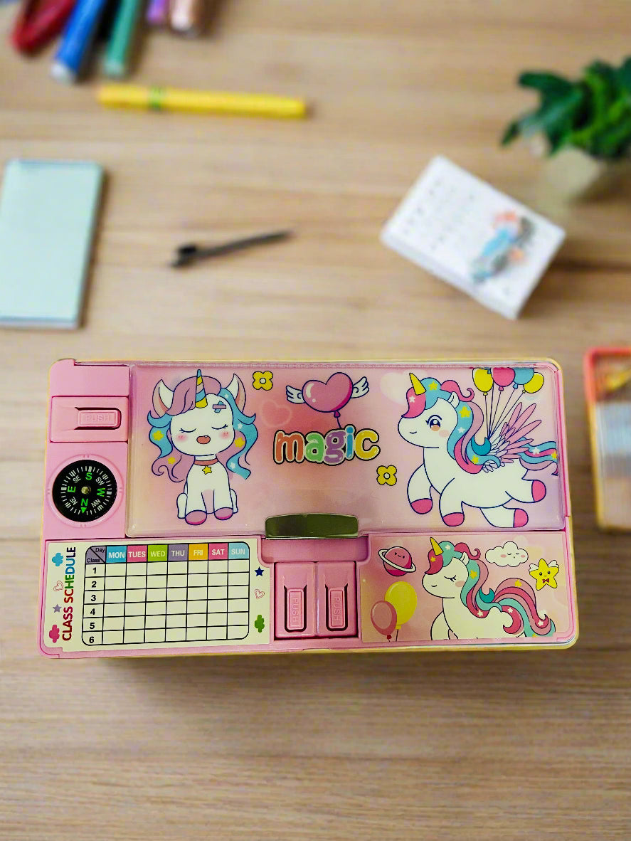 Unicorn Multi-Function Pencil Box – With Schedule Chart, Whiteboard & Compass
