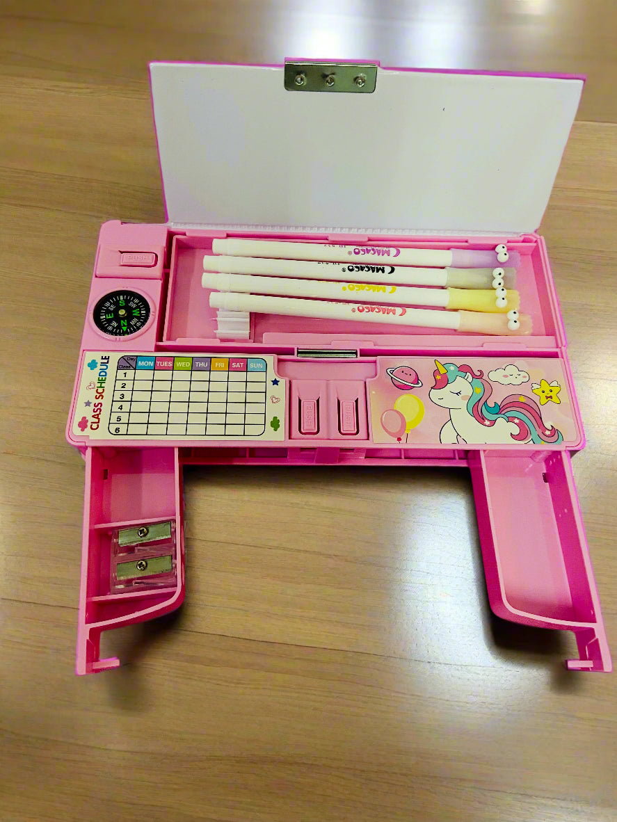 Unicorn Multi-Function Pencil Box – With Schedule Chart, Whiteboard & Compass
