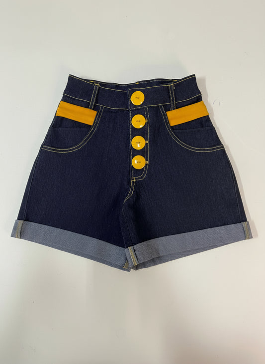 High-Waisted Dark Denim Shorts with Mustard Accents