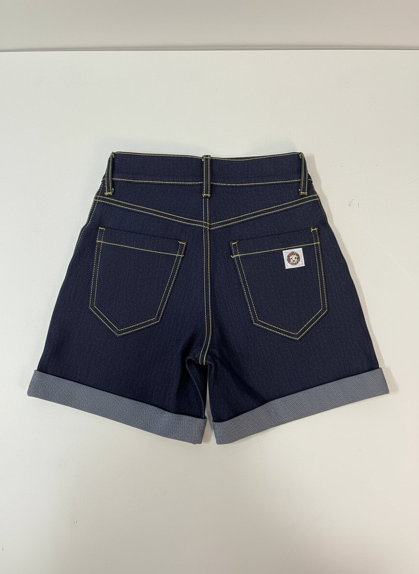 High-Waisted Dark Denim Shorts with Mustard Accents