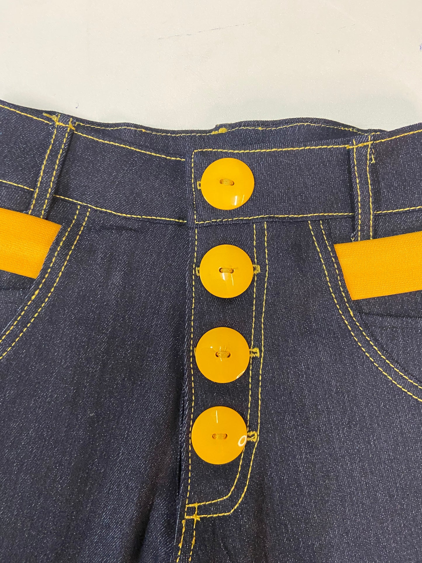 High-Waisted Dark Denim Shorts with Mustard Accents