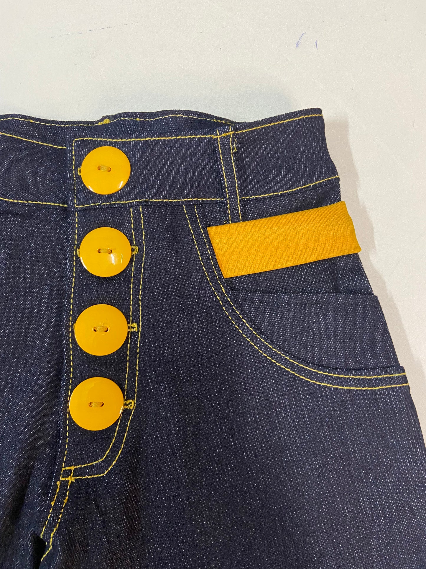 High-Waisted Dark Denim Shorts with Mustard Accents