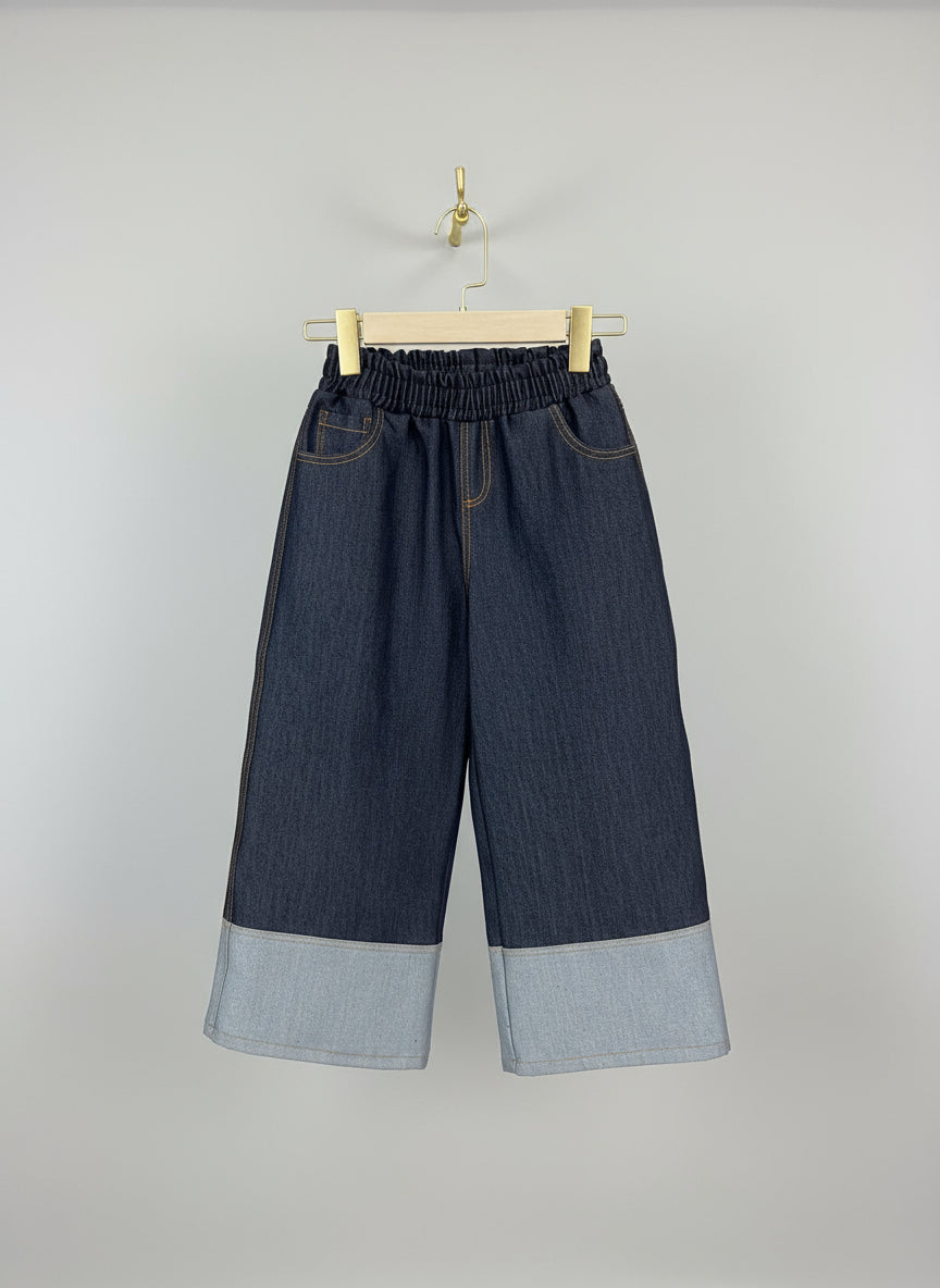 Wide-Leg Dark Denim Pants with Contrast Cuffed Hem