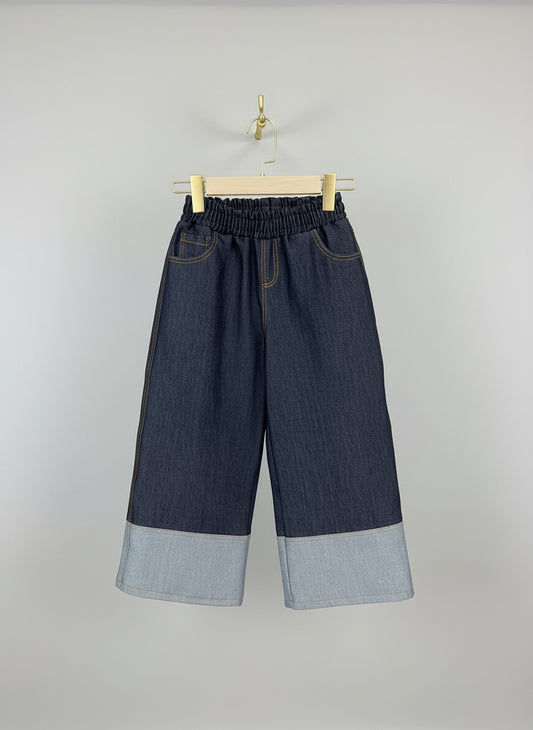 Wide-Leg Dark Denim Pants with Contrast Cuffed Hem