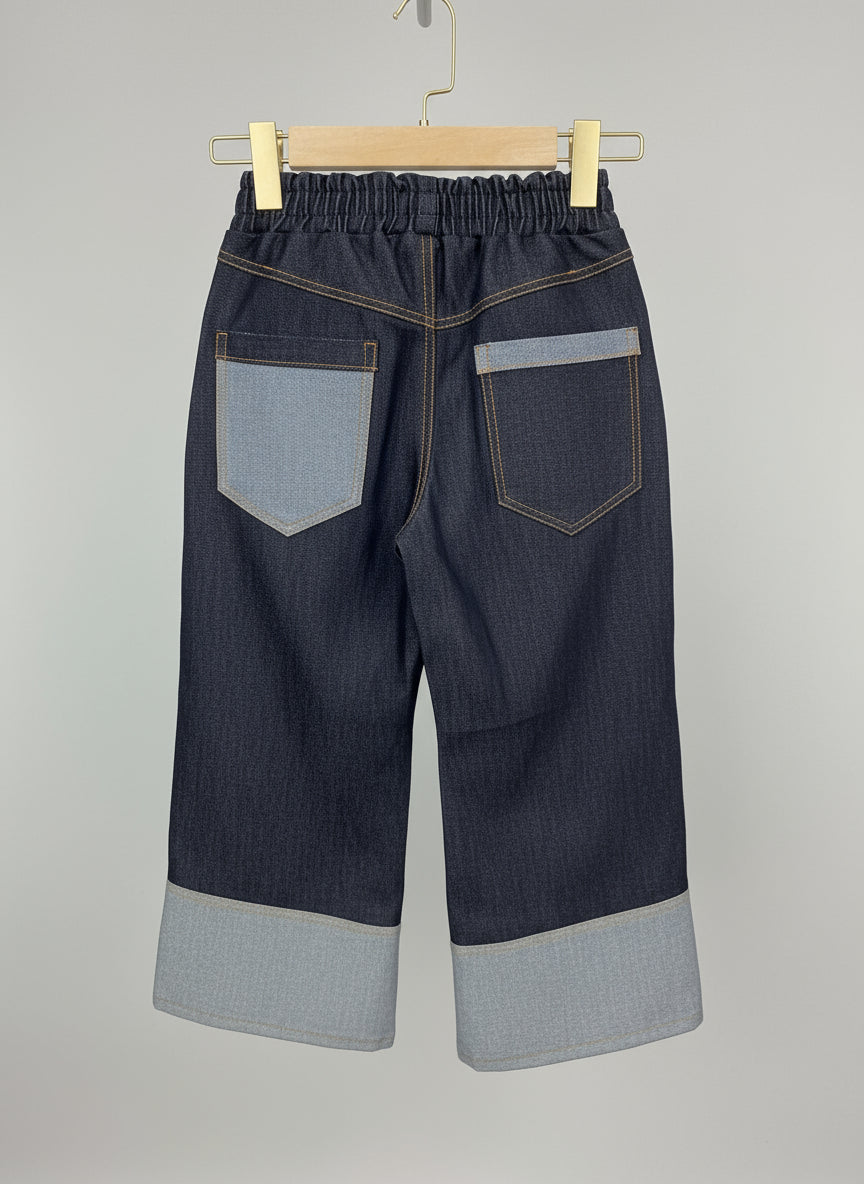 Wide-Leg Dark Denim Pants with Contrast Cuffed Hem