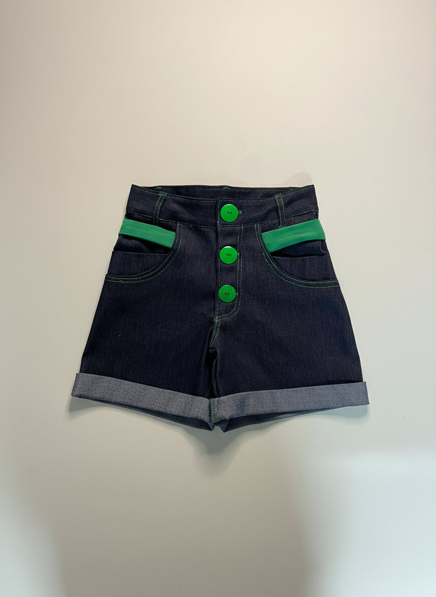 High-Waisted Dark Denim Shorts with Mustard Accents