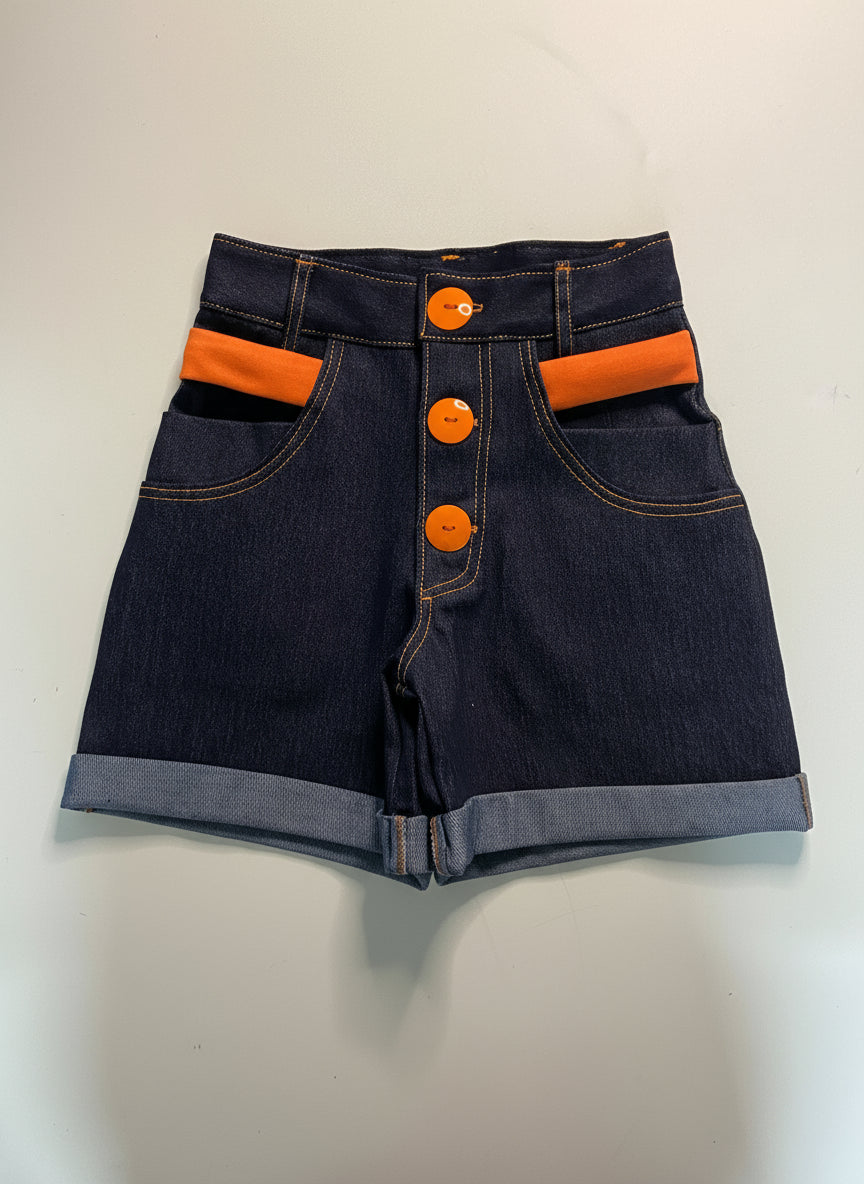 High-Waisted Dark Denim Shorts with Mustard Accents