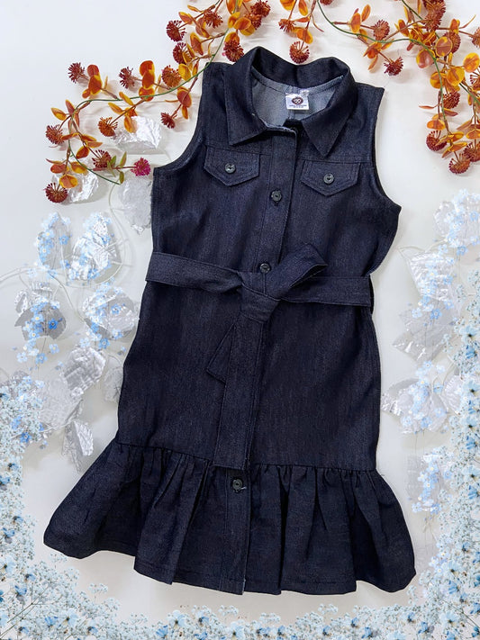 Navy Denim Sleeveless Dress with buttons and a belt.