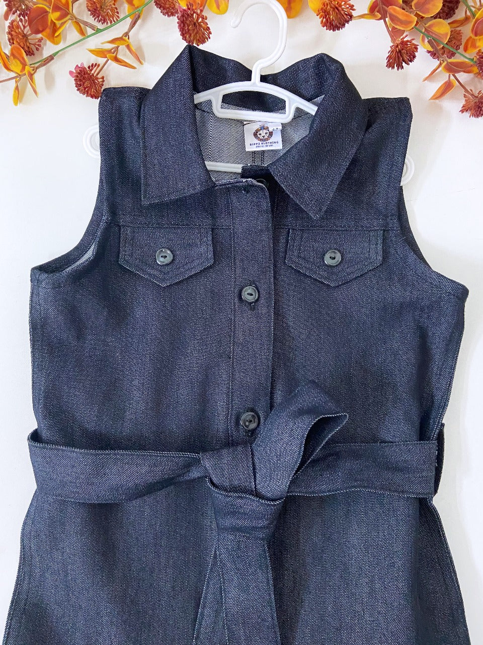 Girls’ Sleeveless Denim Shirt Dress with Belt – Dark Wash