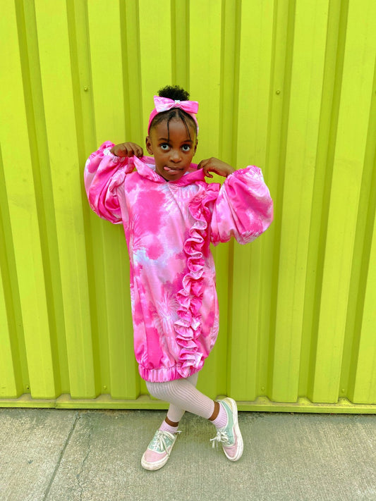 Pink Whirl Ruffle Hoodie Dress