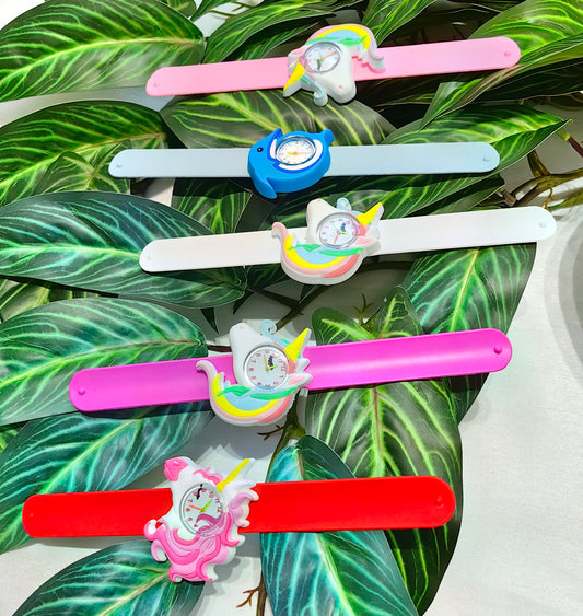 Colorful slap bracelets with cartoon character on a leafy background