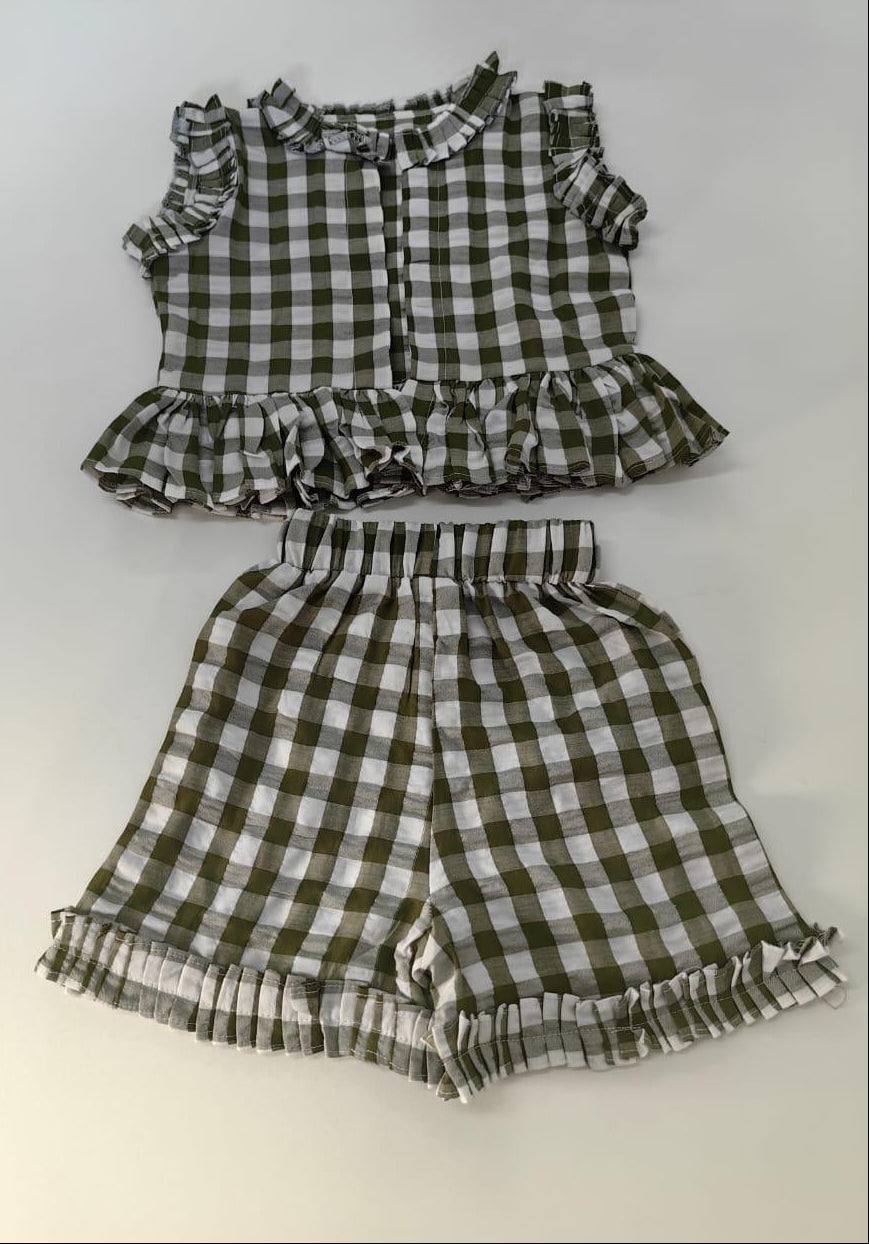 Gingham Ruffle Two-Piece Set – Olive & White