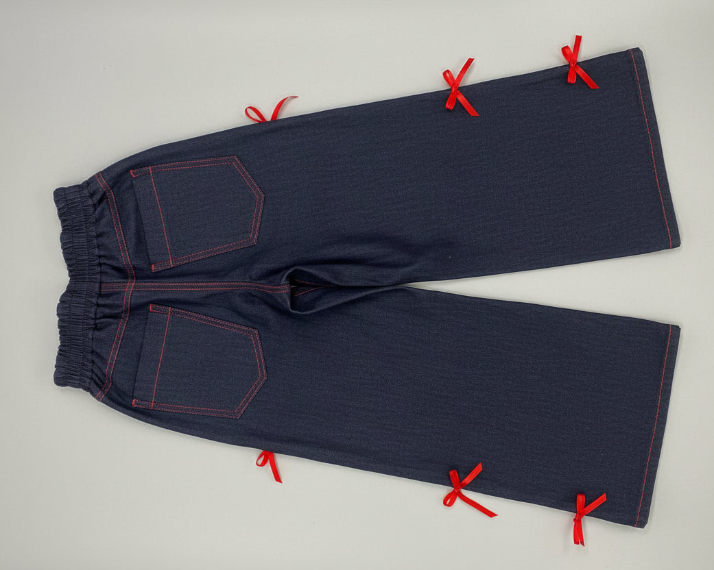 Girls Red Bow Top & Denim Pants Set