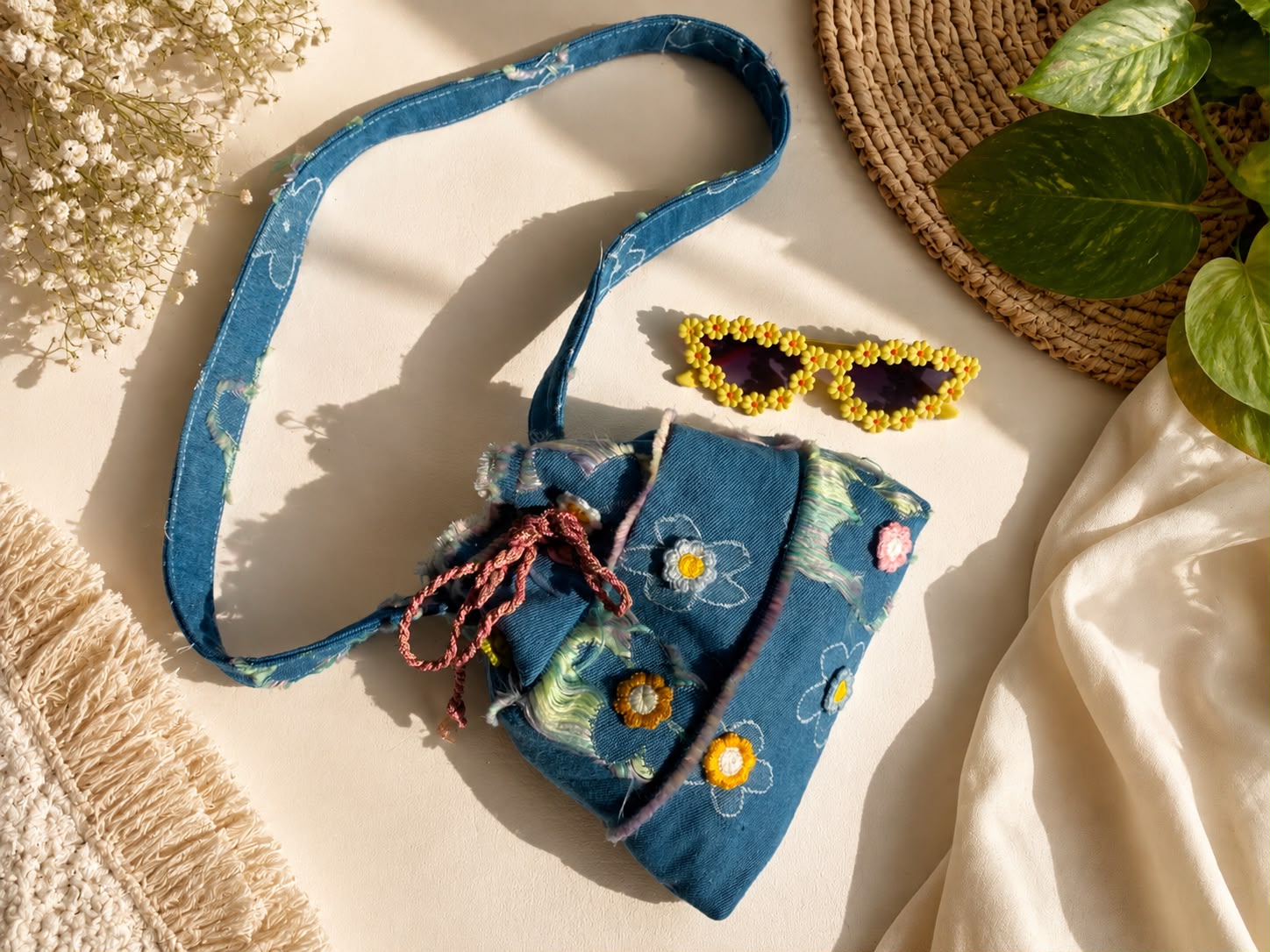 Kids Denim Floral Crossbody Bag & Daisy Sunglasses Set