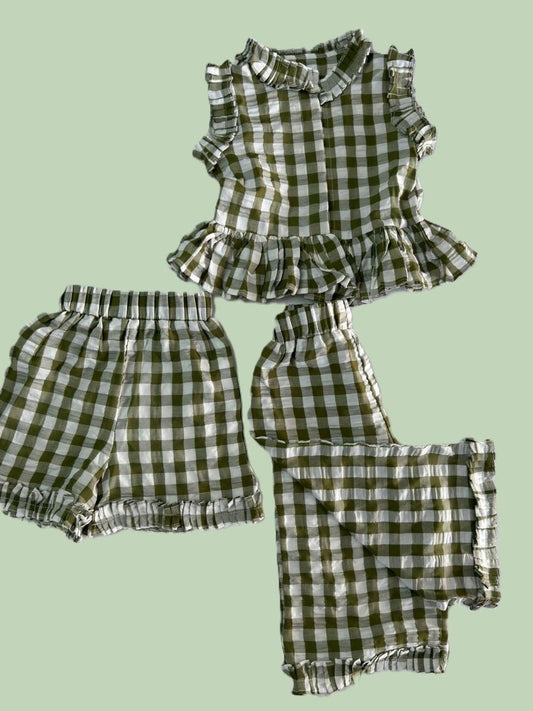Gingham Ruffle Two-Piece Set – Olive & White