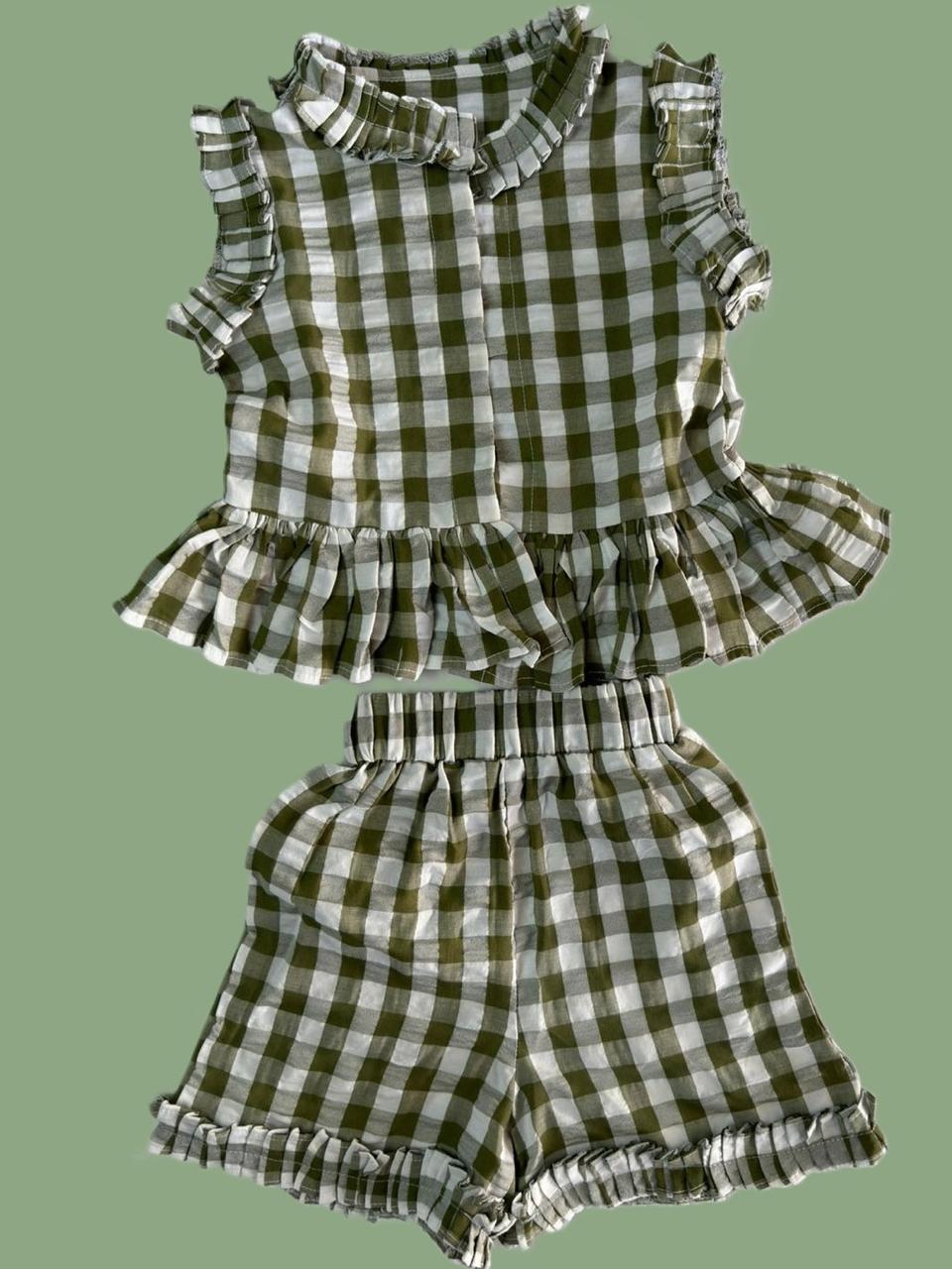 Gingham Ruffle Two-Piece Set – Olive & White