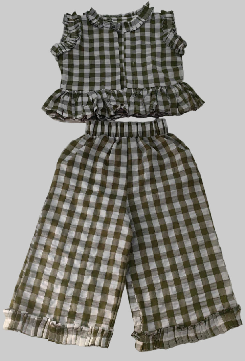 Gingham Ruffle Two-Piece Set – Olive & White