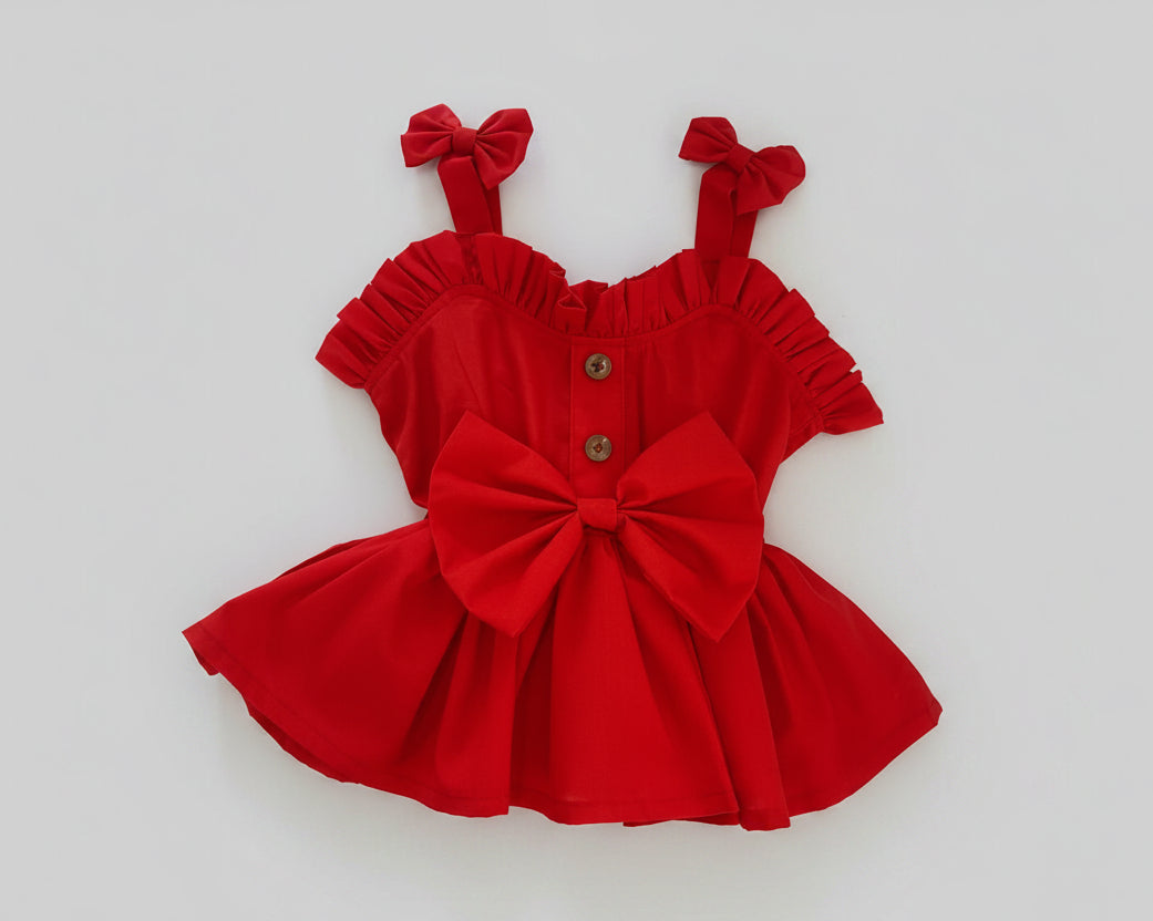 Girls Red Bow Top & Denim Pants Set