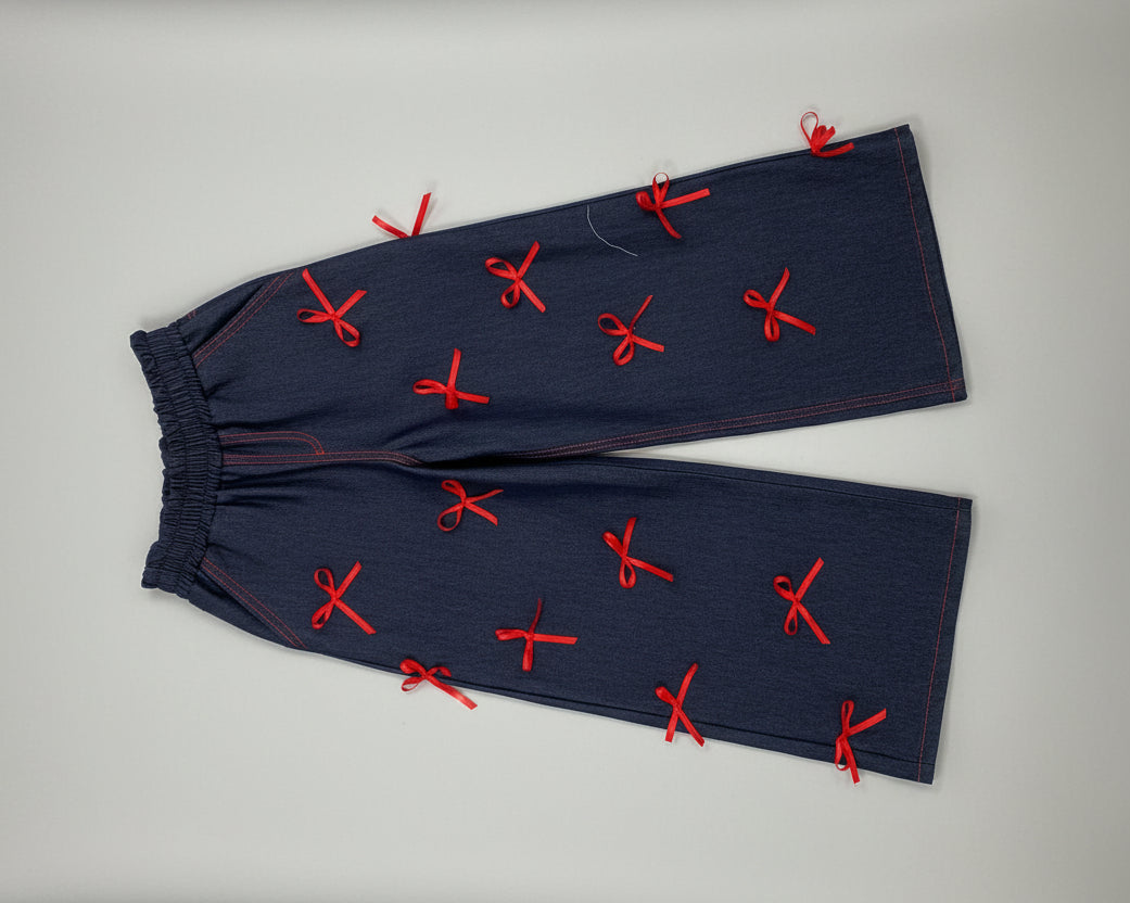 Girls Red Bow Top & Denim Pants Set