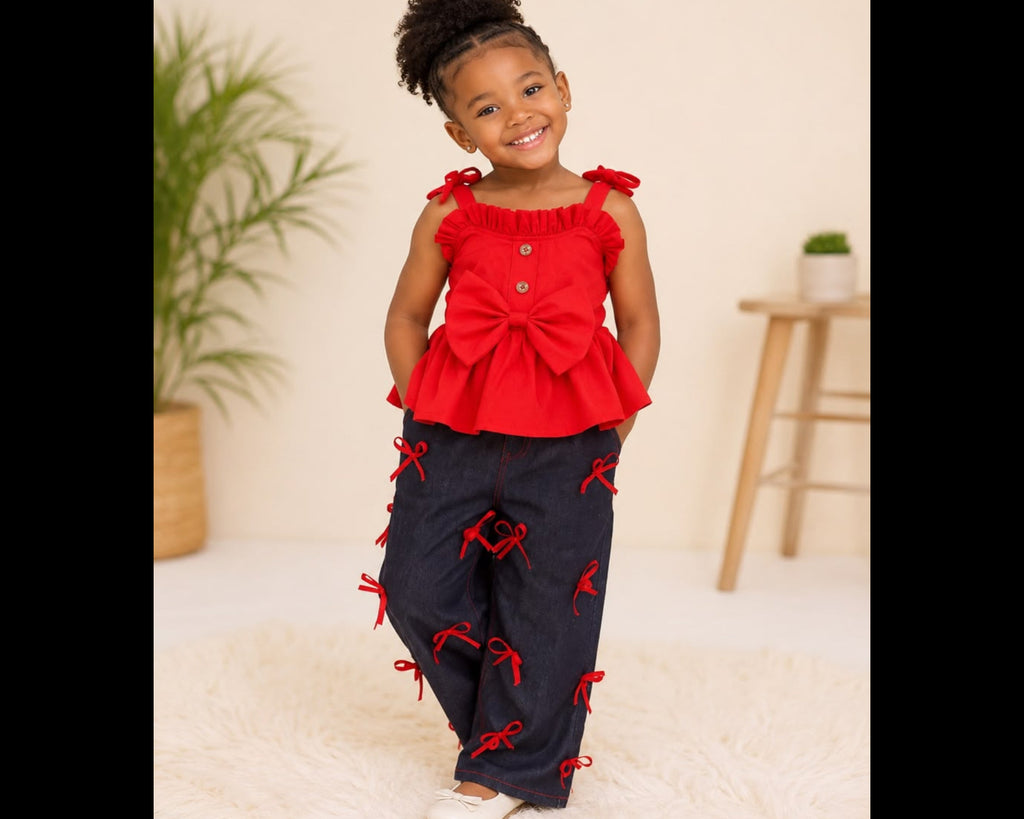 Girls Red Bow Top & Denim Pants Set
