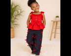 Girls Red Bow Top & Denim Pants Set