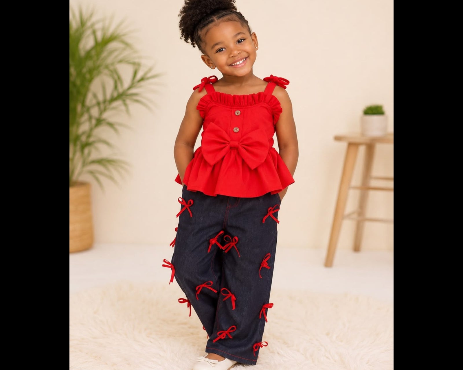 Girls Red Bow Top & Denim Pants Set