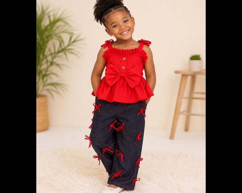 Girls Red Bow Top & Denim Pants Set