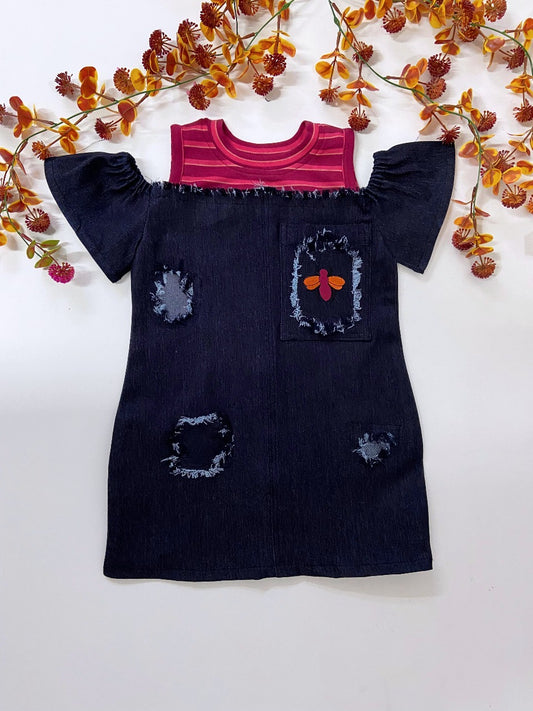 Girls' Denim Patch Dress with Striped Inner Layer – Navy & Berry