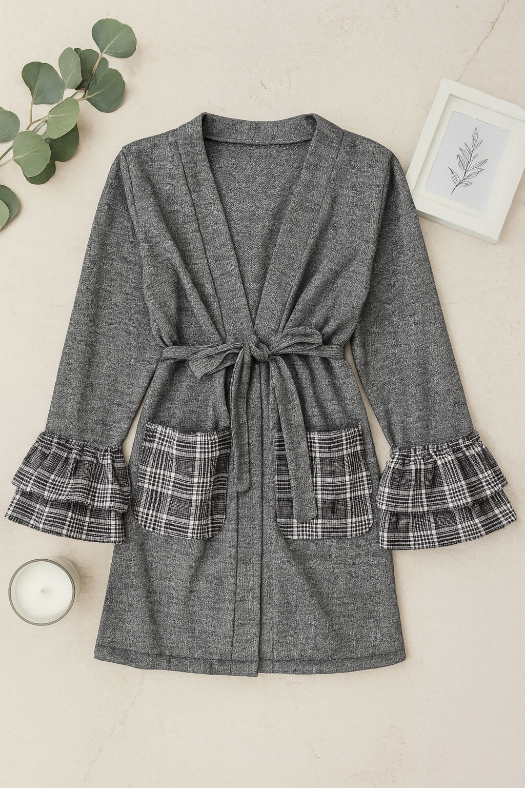 Plaid Pocket Ruffle Lounge Coat