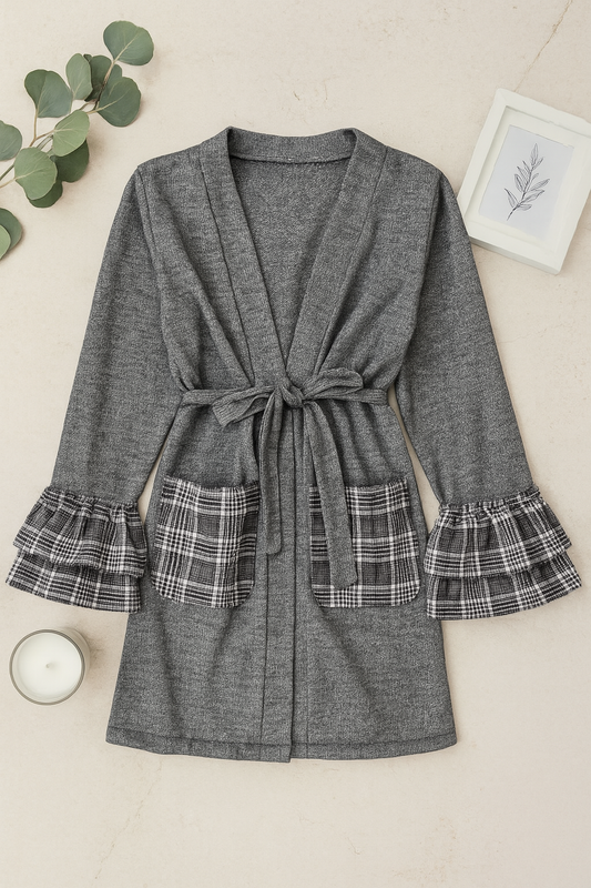 Plaid Pocket Ruffle Lounge Coat