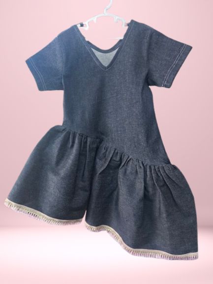 Denim dress with pink frills design