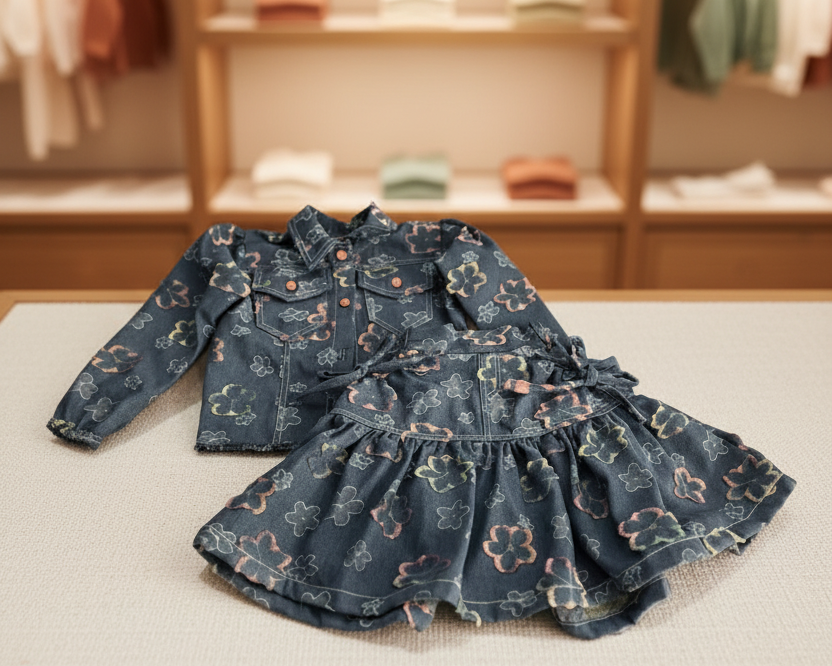 Floral Denim Set Flat Lay Portrait