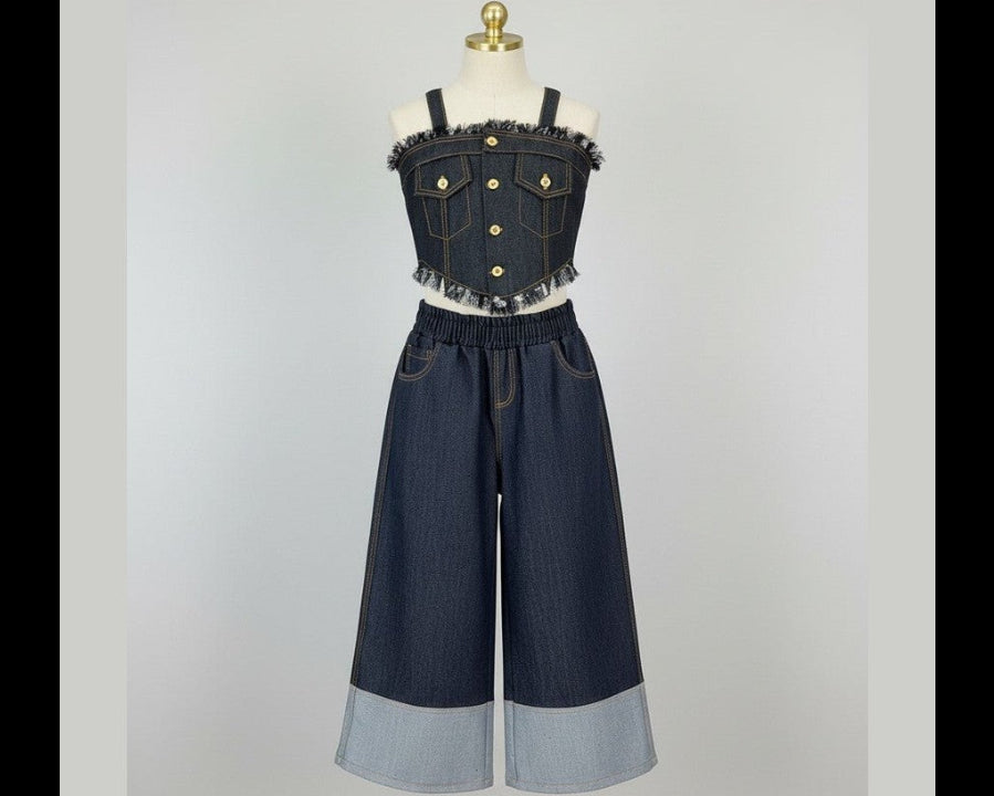 Girls Wide-Leg Dark Denim Pants with Contrast Cuffed Hem - Bippz Klothing