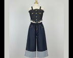 Girls Wide-Leg Dark Denim Pants with Contrast Cuffed Hem - Bippz Klothing