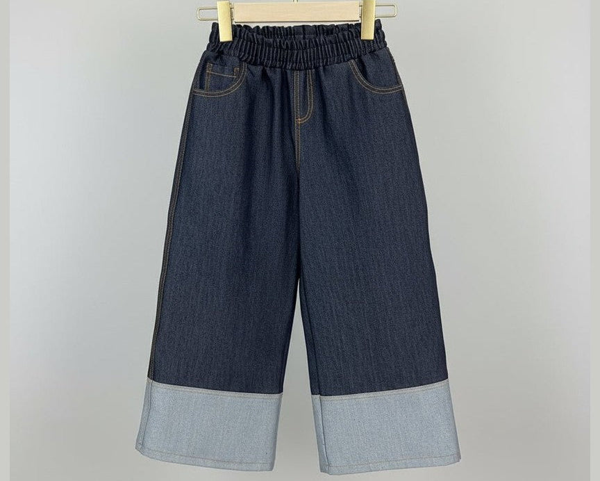 Girls Wide-Leg Dark Denim Pants with Contrast Cuffed Hem - Bippz Klothing