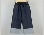 Girls Wide-Leg Dark Denim Pants with Contrast Cuffed Hem - Bippz Klothing