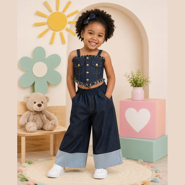Girls Wide-Leg Dark Denim Pants with Contrast Cuffed Hem - Bippz Klothing