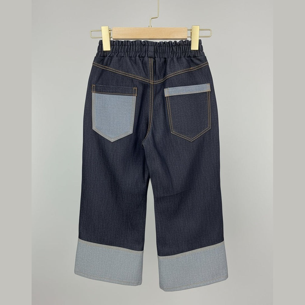 Girls Wide-Leg Dark Denim Pants with Contrast Cuffed Hem - Bippz Klothing