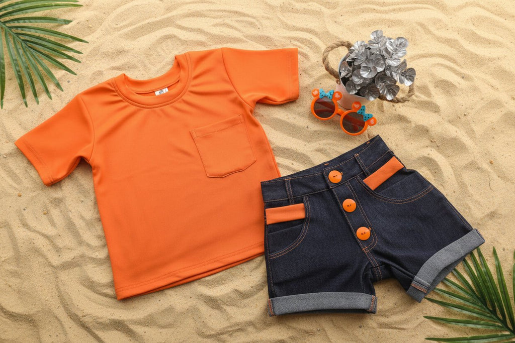 High-Waisted Dark Denim Shorts with Mustard Accents - Bippz Klothing