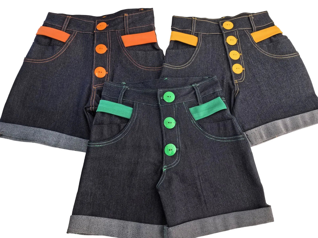 High-Waisted Dark Denim Shorts with Mustard Accents - Bippz Klothing
